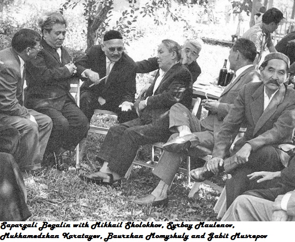 Sapargali Begalin with Mikhail Sholokhov, Syrbay Maulenov, Mukhamedzhan Karatayev, Baurzhan Momyshuly and Gabit Musrepov.jpg